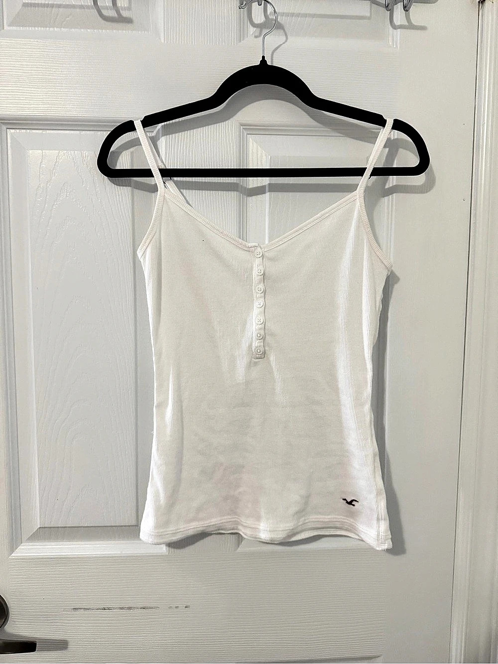 Hollister White Ribbed Henley Camisole
